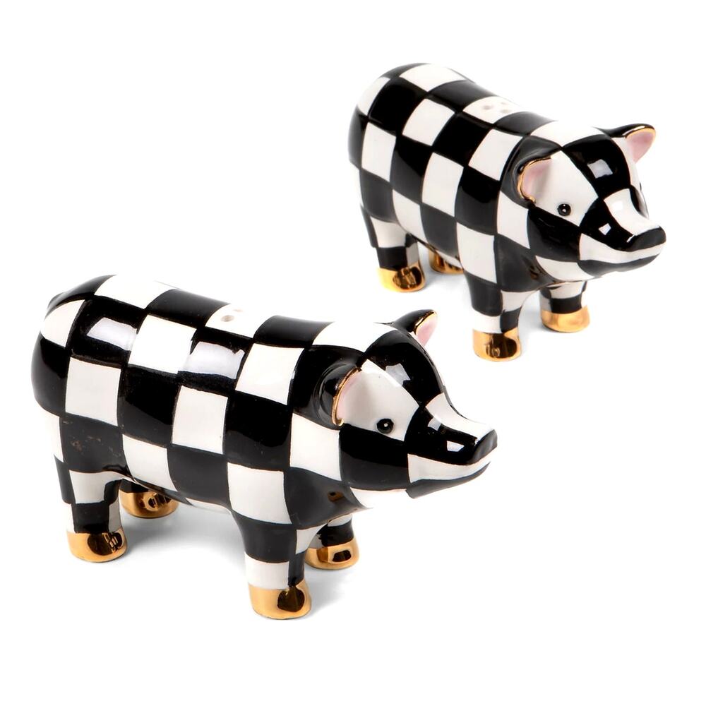 NEW MacKenzie-Childs Courtly Check Pig Salt & Pepper Shaker Set in Original Box